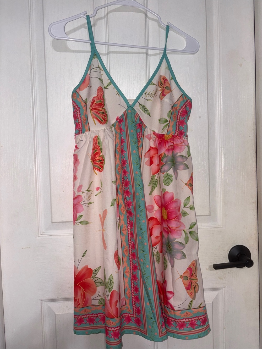 SHEIN Cream Mini Dress with Pink Floral & Teal Trim